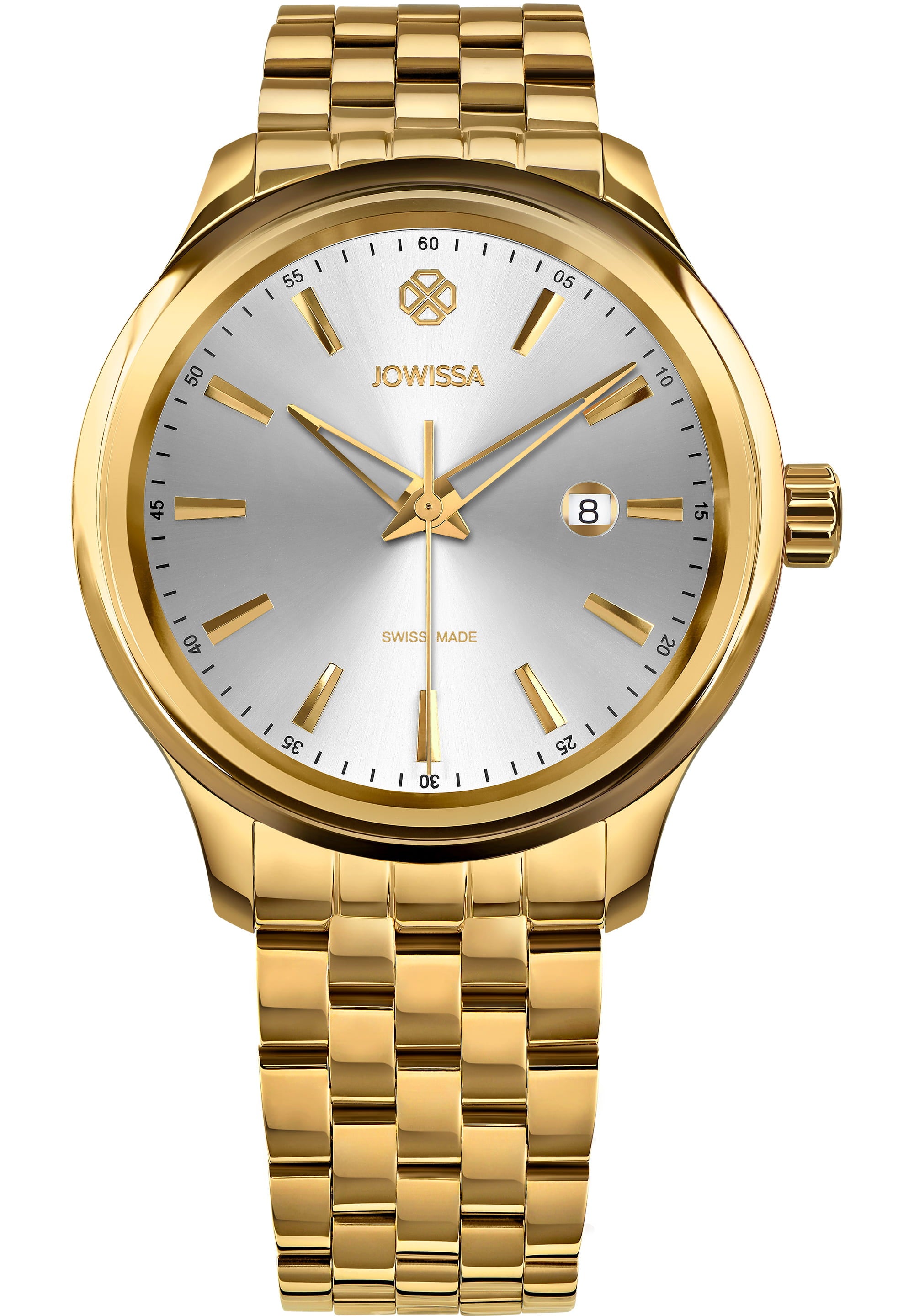 Tiro Swiss Men's Watch J4.298.L featuring a gold bezel, polished gold bracelet, and a striking silver dial with a minimalist design.