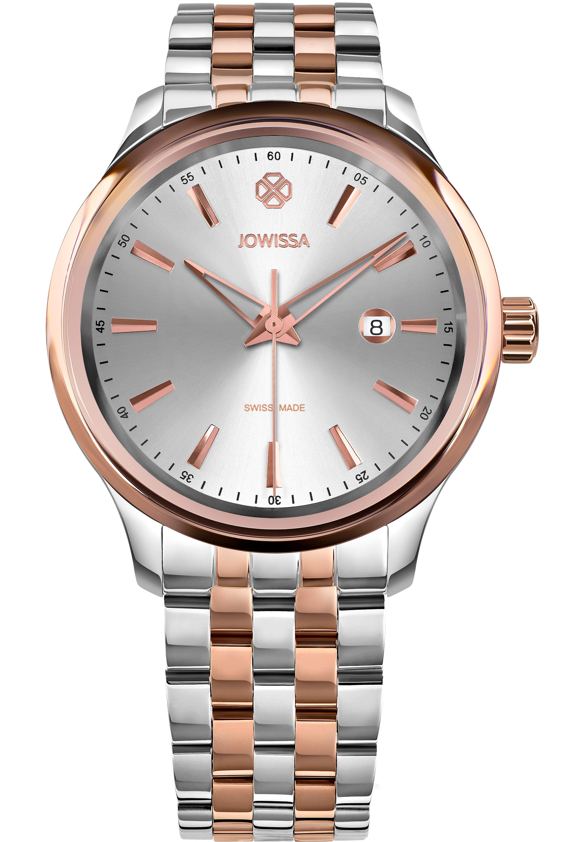 Tiro Swiss Men's Watch J4.229.L featuring a bi-colour stainless steel bracelet, silver sunray dial, and rose-gold hour markers.