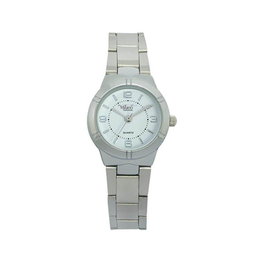 M Milano Expressions Tombstone watch featuring a silver metal band and white dial, showcasing elegance and style.