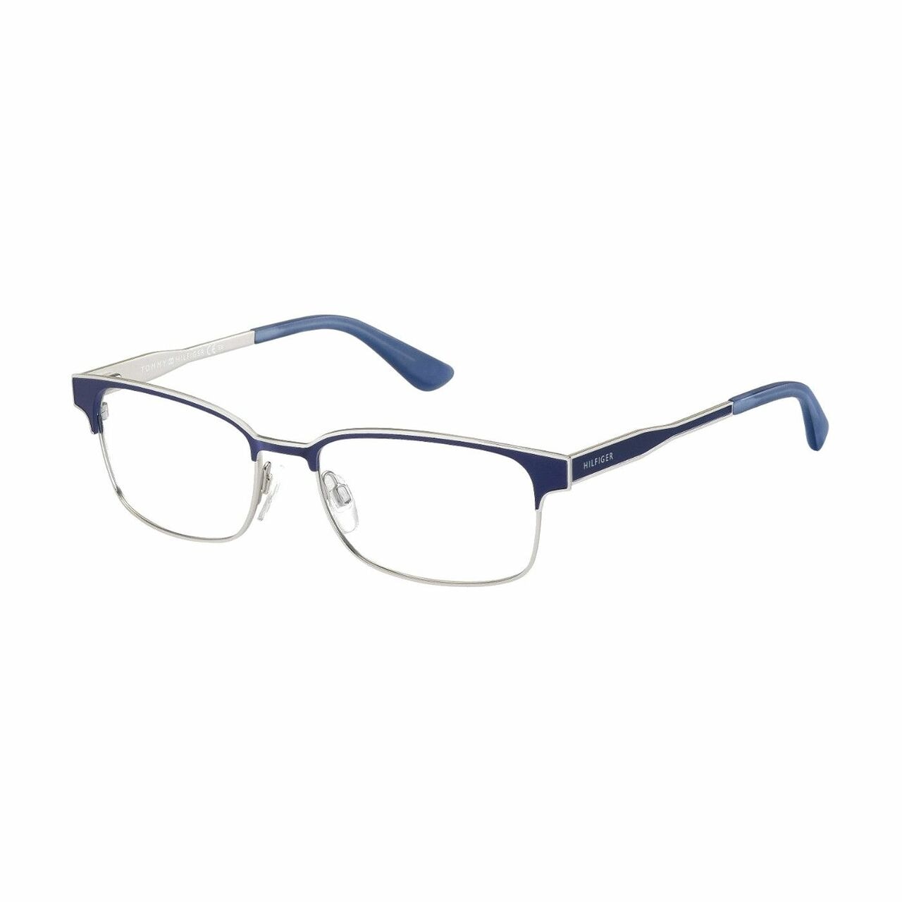 Tommy Hilfiger TH1357-K2F Palladium Blue Rectangular Men's Metal Eyeglasses displayed in a stylish case, showcasing their elegant design.