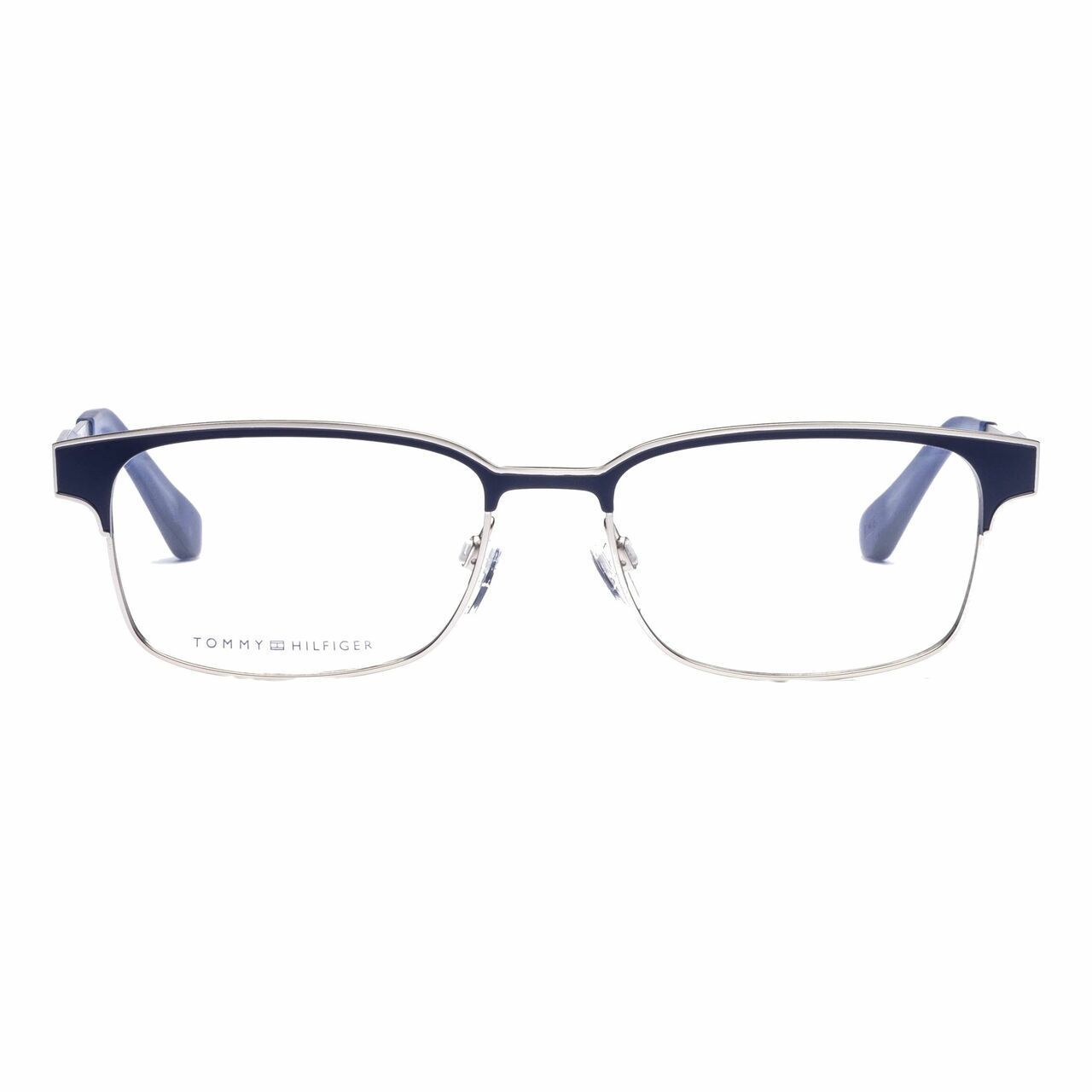 Tommy Hilfiger TH1357-K2F Palladium Blue Rectangular Men's Metal Eyeglasses displayed in a stylish case, showcasing their elegant design.