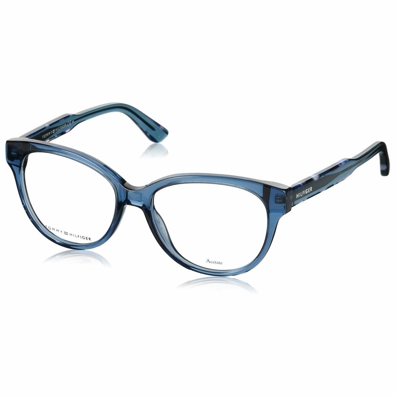 Tommy Hilfiger TH1387-QQI Blue Havana Cat-Eye Women's Acetate Eyeglasses showcasing a stylish cat-eye design in a Blue Havana color.