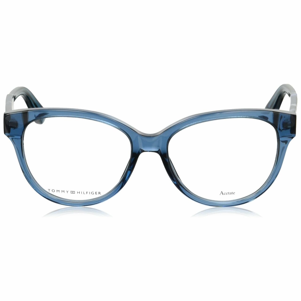 Tommy Hilfiger TH1387-QQI Blue Havana Cat-Eye Women's Acetate Eyeglasses showcasing a stylish cat-eye design in a Blue Havana color.