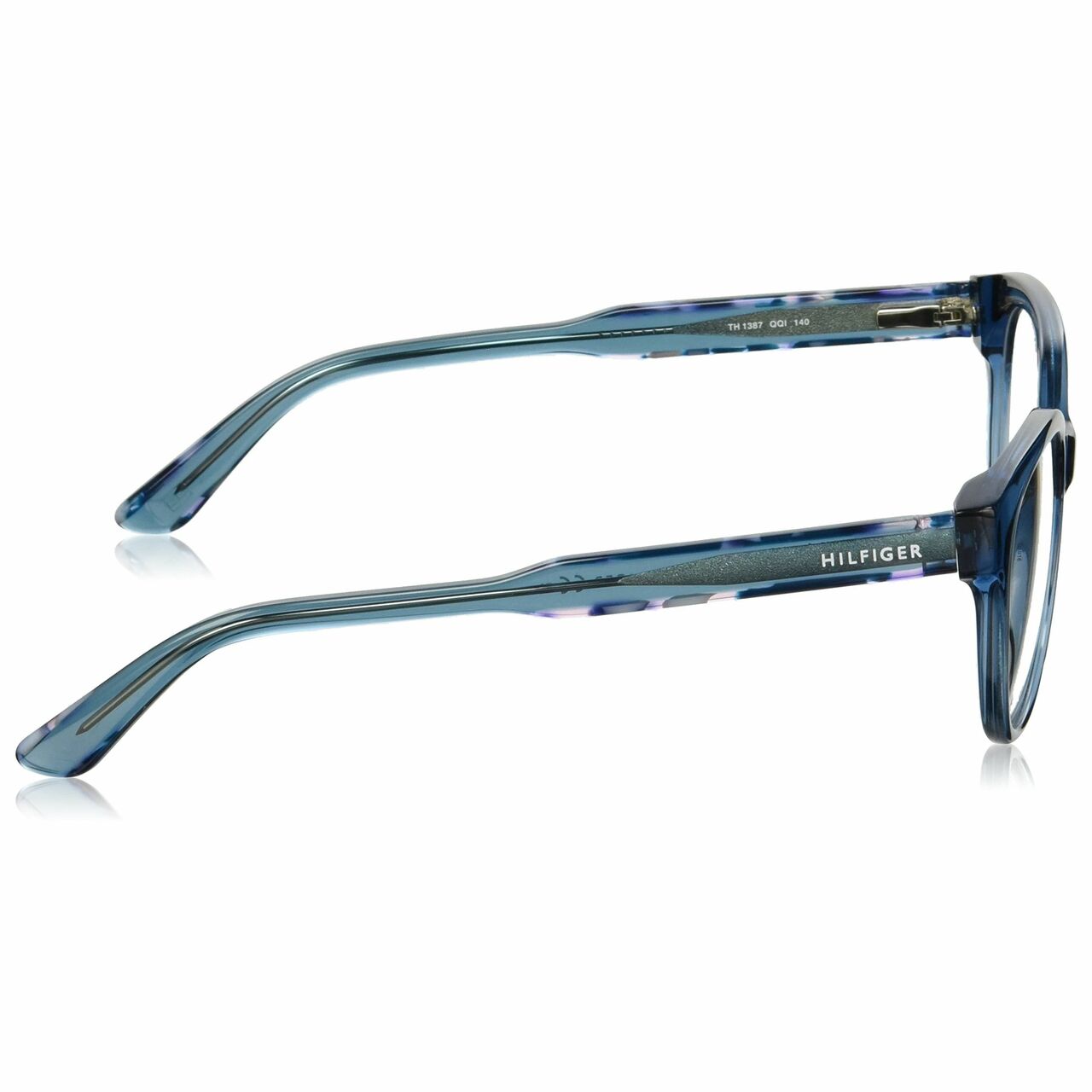 Tommy Hilfiger TH1387-QQI Blue Havana Cat-Eye Women's Acetate Eyeglasses showcasing a stylish cat-eye design in a Blue Havana color.