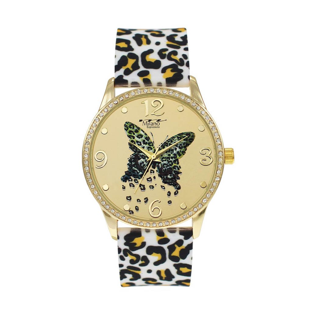 Toulouse watch featuring a leopard strap and butterfly dial, showcasing its stylish design and quality materials.