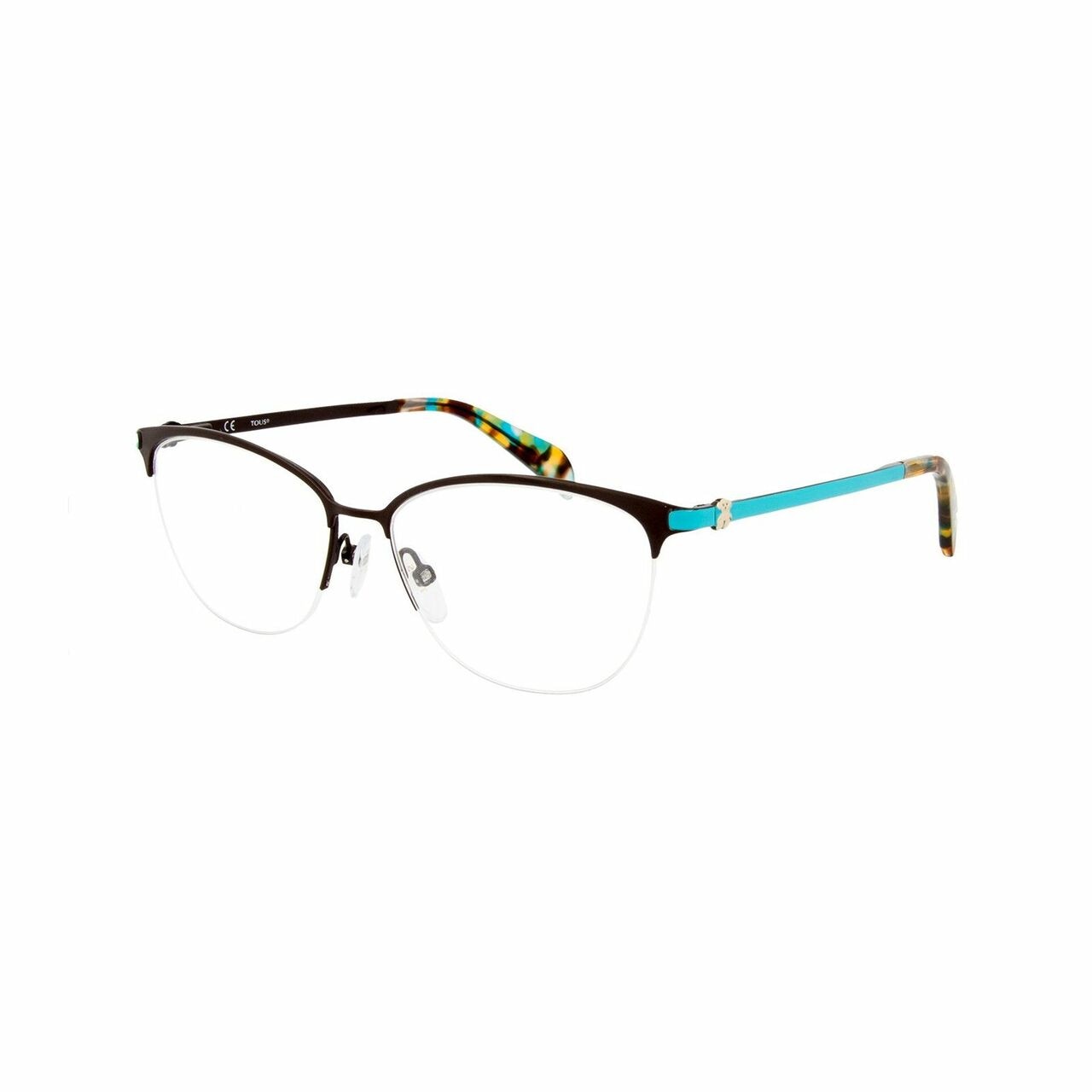 Stylish Tous VTO350-08QL Turquoise Cat-Eye Women's Metal Eyeglasses with a half-rim design, perfect for various face shapes.