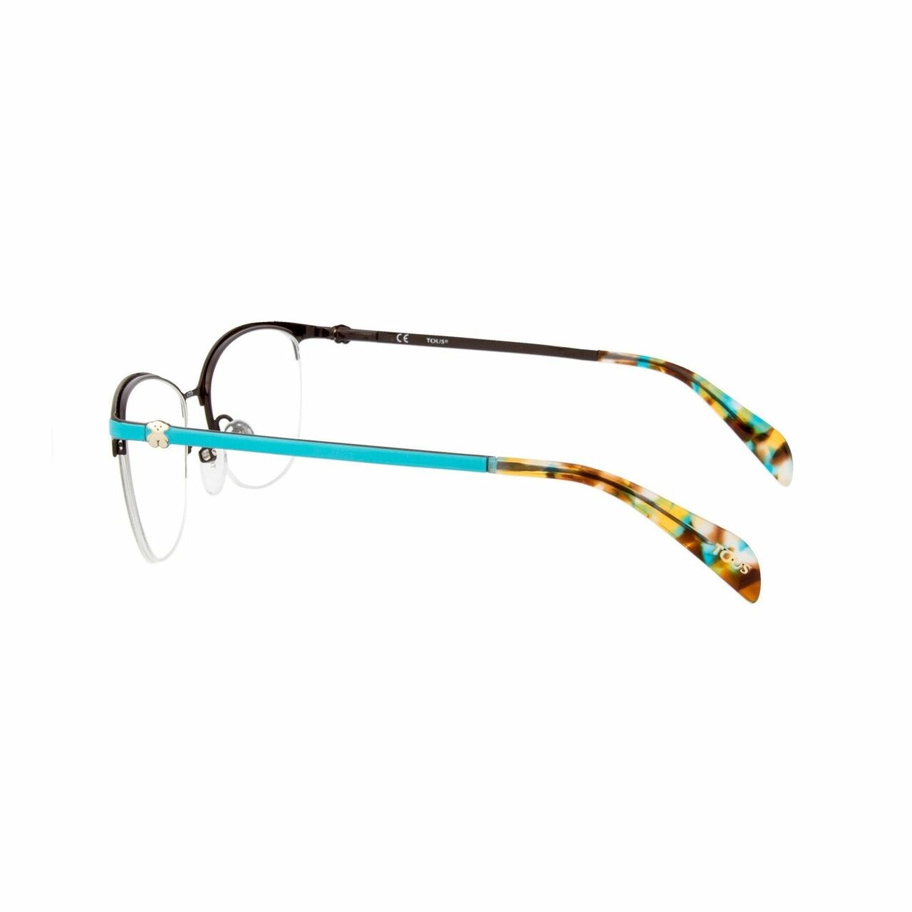 Stylish Tous VTO350-08QL Turquoise Cat-Eye Women's Metal Eyeglasses with a half-rim design, perfect for various face shapes.