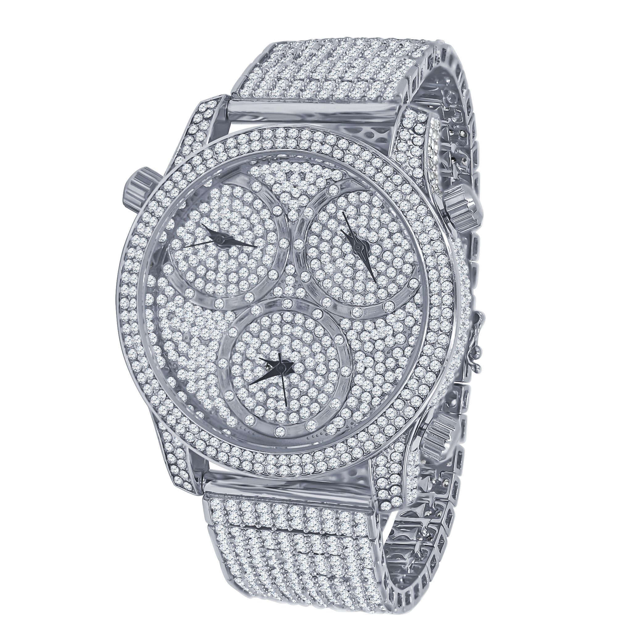 Traveller CZ ICED OUT WATCH featuring a sparkling iced-out design with three mini dials, crafted from stainless steel with AAA stones.