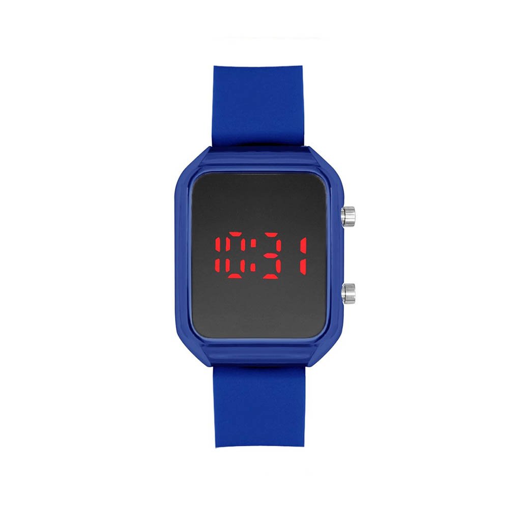 Tuscumbia LED Watch featuring a blue rubber band and blue alloy case, showcasing its modern design and LED display.