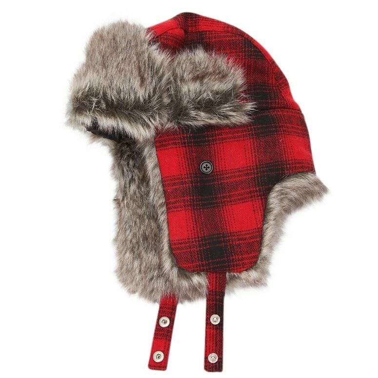 Urban Outfitters Wool & Faux Fur Buffalo Plaid Trapper Aviator hat in red and black, featuring faux fur trim and convertible ear flaps.