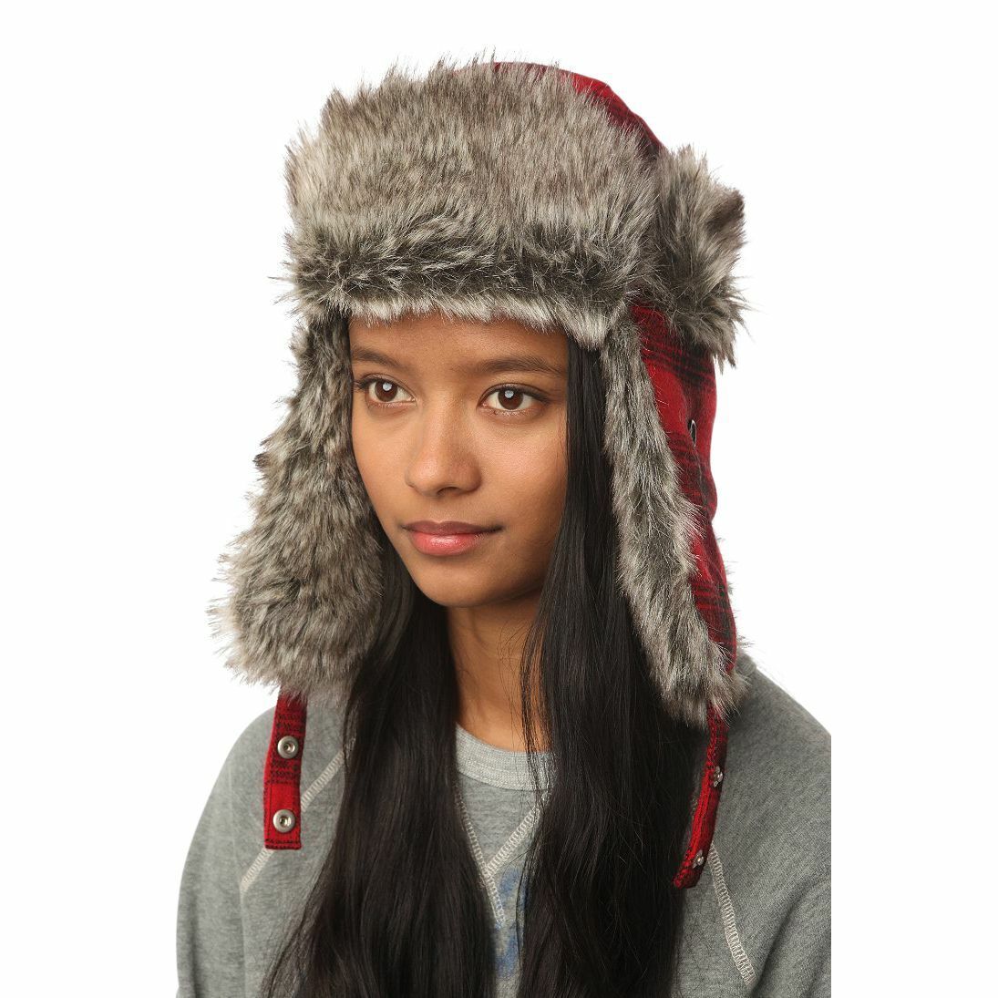 Urban Outfitters Wool & Faux Fur Buffalo Plaid Trapper Aviator hat in red and black, featuring faux fur trim and convertible ear flaps.