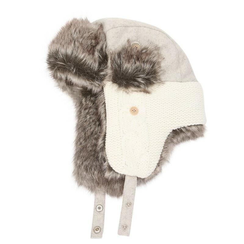 Urban Outfitters Wool & Faux Fur Knit Winter Trapper Aviator Hat in grey and cream, featuring ear flaps and a visor for winter protection.