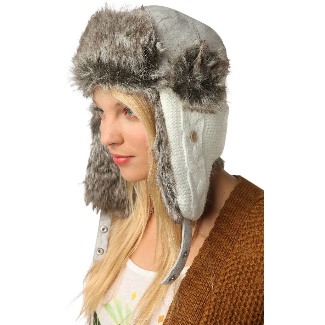 Urban Outfitters Wool & Faux Fur Knit Winter Trapper Aviator Hat in grey and cream, featuring ear flaps and a visor for winter protection.