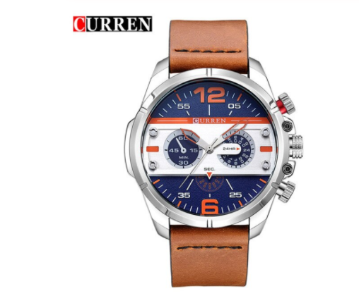 VALOROUS CURREN Leather Watch featuring a tangerine leather band, silver polished bezel, and three crowns, showcasing its elegant design.