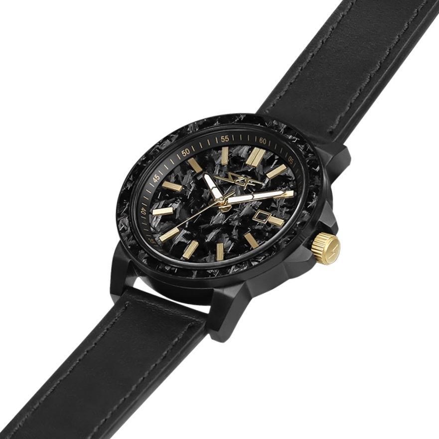 VENOM APOLLO Series Forged Carbon Fiber Watch showcasing a sleek design with a forged carbon fiber dial and bezel, stainless steel case, and leather strap.