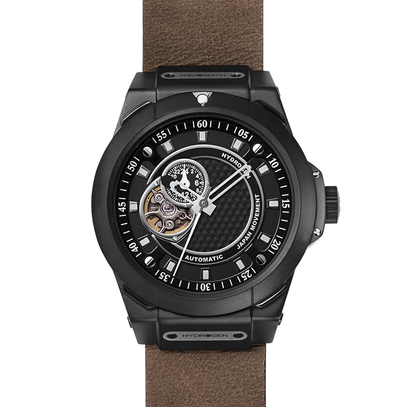 Vento Black Nato Leather watch featuring a blacked-out case and artisanal brown leather strap, showcasing a black dial with luminous markers.