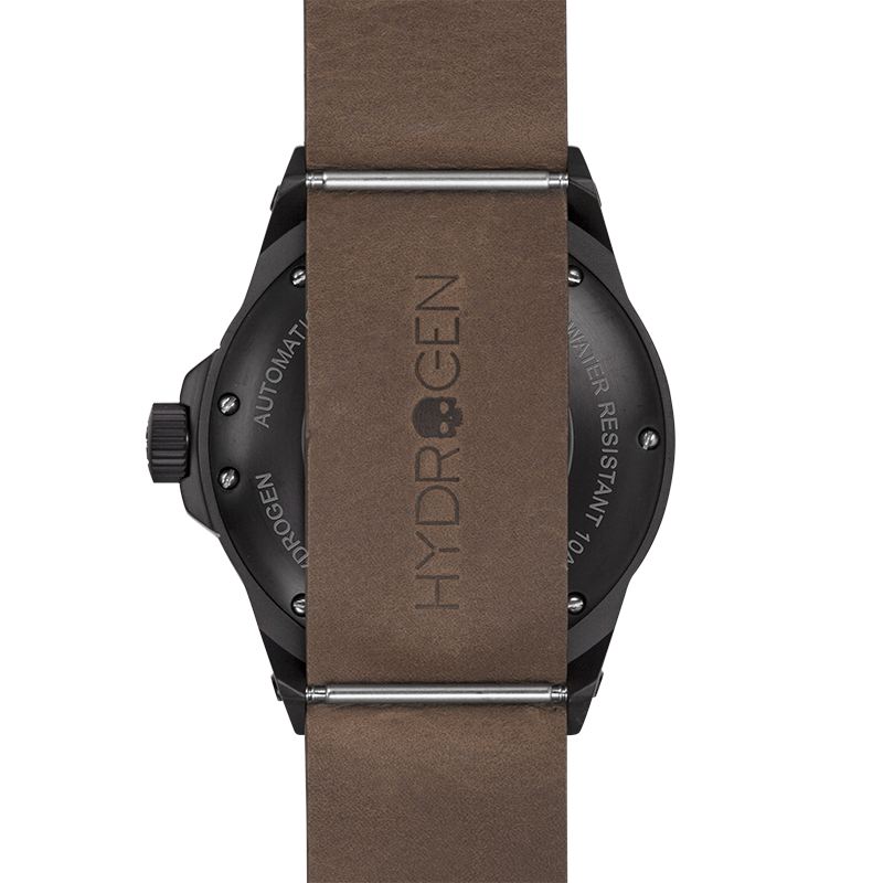 Vento Black Nato Leather watch featuring a blacked-out case and artisanal brown leather strap, showcasing a black dial with luminous markers.