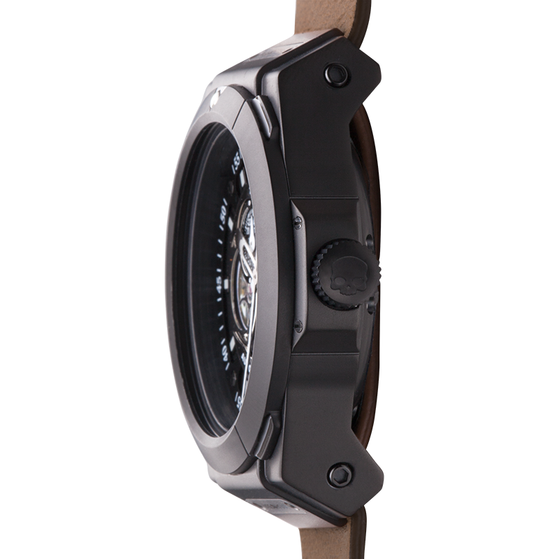 Vento Black Nato Leather watch featuring a blacked-out case and artisanal brown leather strap, showcasing a black dial with luminous markers.