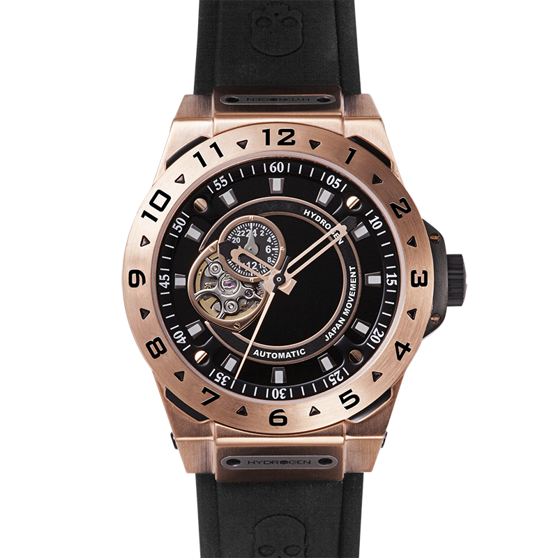 Vento Black Rose Gold watch featuring a stainless steel case, black dial, and custom molded black silicone strap.