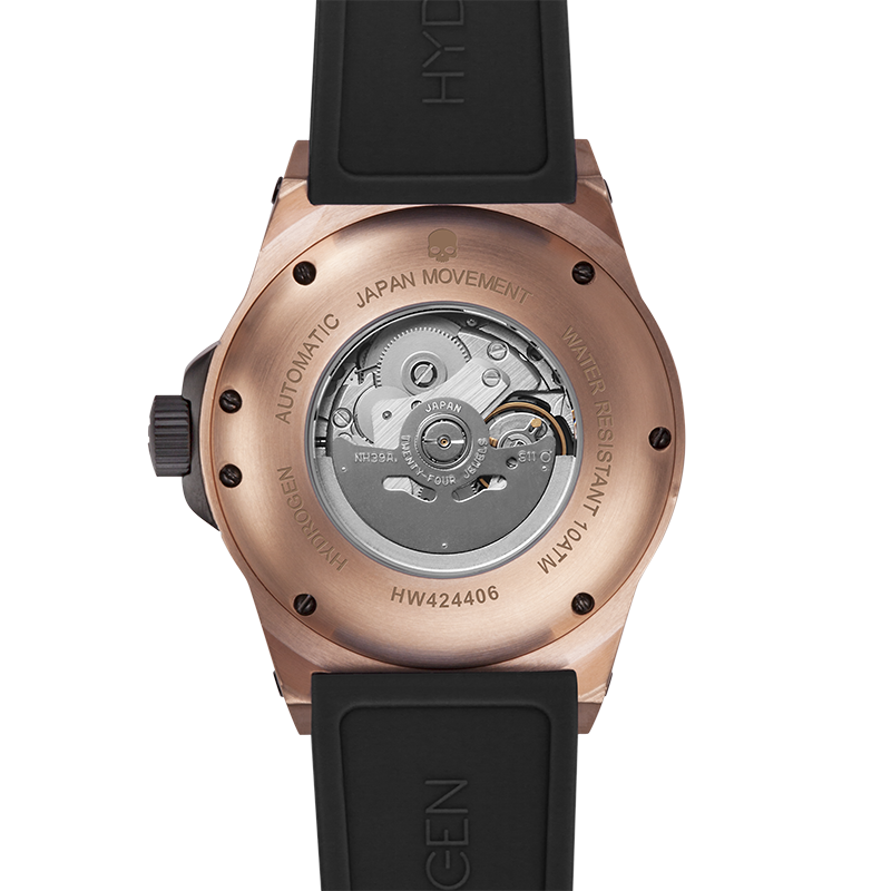 Vento Black Rose Gold watch featuring a stainless steel case, black dial, and custom molded black silicone strap.