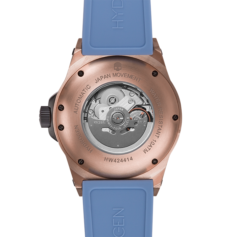 Vento Rose Gold Light Blue watch featuring a stainless steel case, pale blue strap, and dive function bezel.