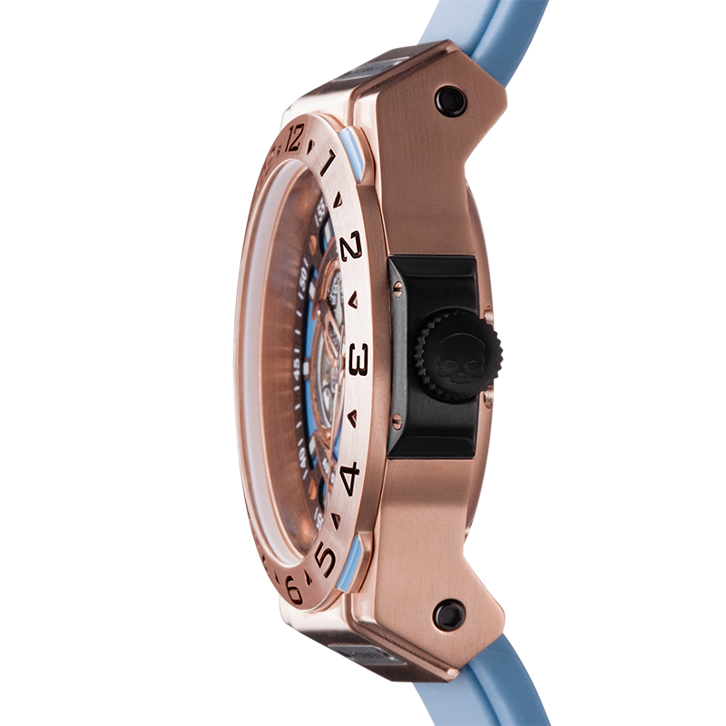 Vento Rose Gold Light Blue watch featuring a stainless steel case, pale blue strap, and dive function bezel.