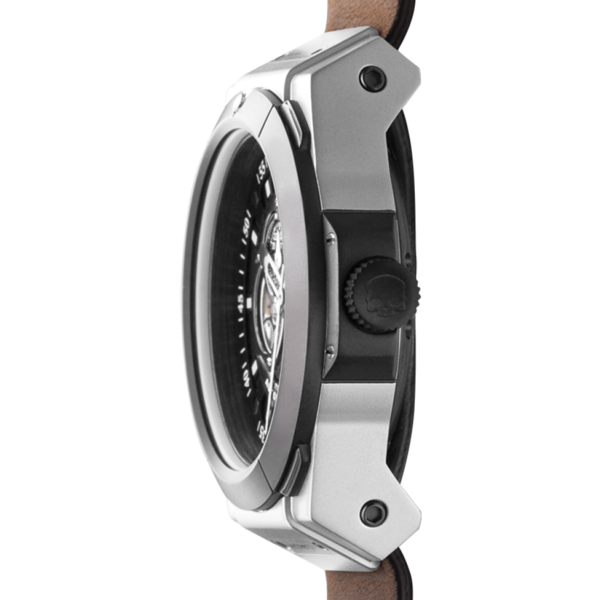 Vento Silver Black Leather watch featuring a stainless steel case, black ionic plating, and a brown leather strap.