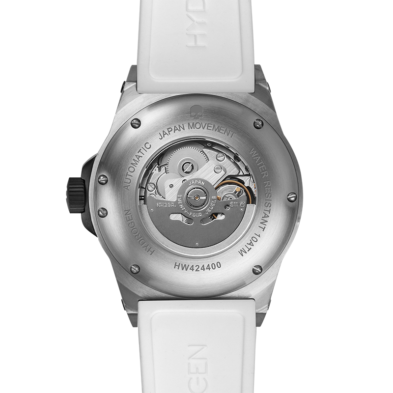 Vento Silver White automatic watch featuring a white dial, stainless steel case, and custom molded silicone strap.