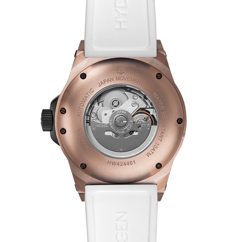 Vento White Rose Gold watch featuring a rose gold stainless steel case, white dial, and custom molded white silicone strap.