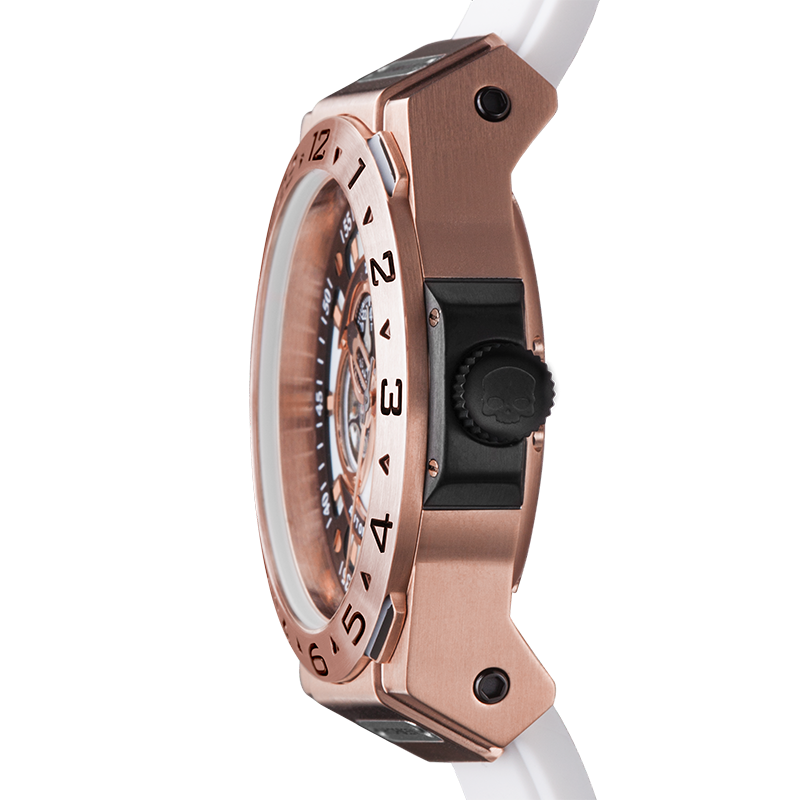 Vento White Rose Gold watch featuring a rose gold stainless steel case, white dial, and custom molded white silicone strap.