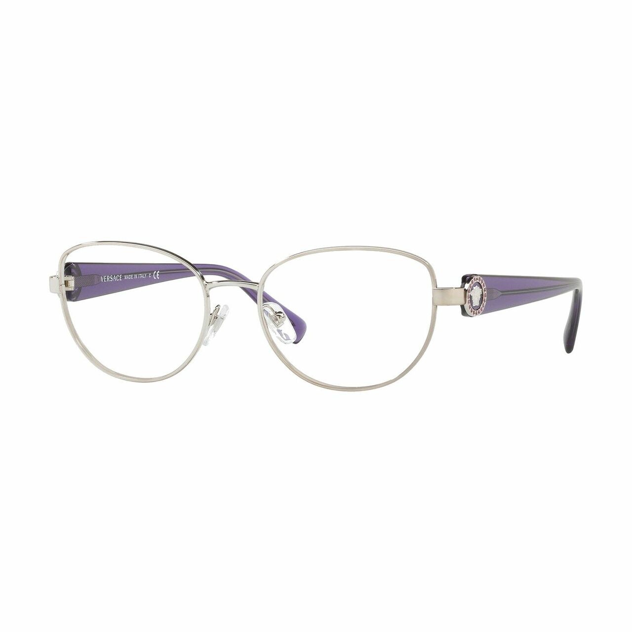 Versace VE1246B-1000 Silver Oval Women's Metal Eyeglasses displayed elegantly with a silver frame.