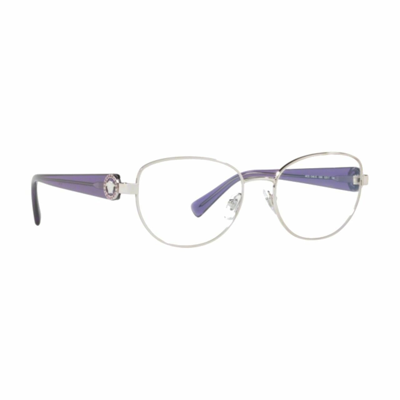 Versace VE1246B-1000 Silver Oval Women's Metal Eyeglasses displayed elegantly with a silver frame.