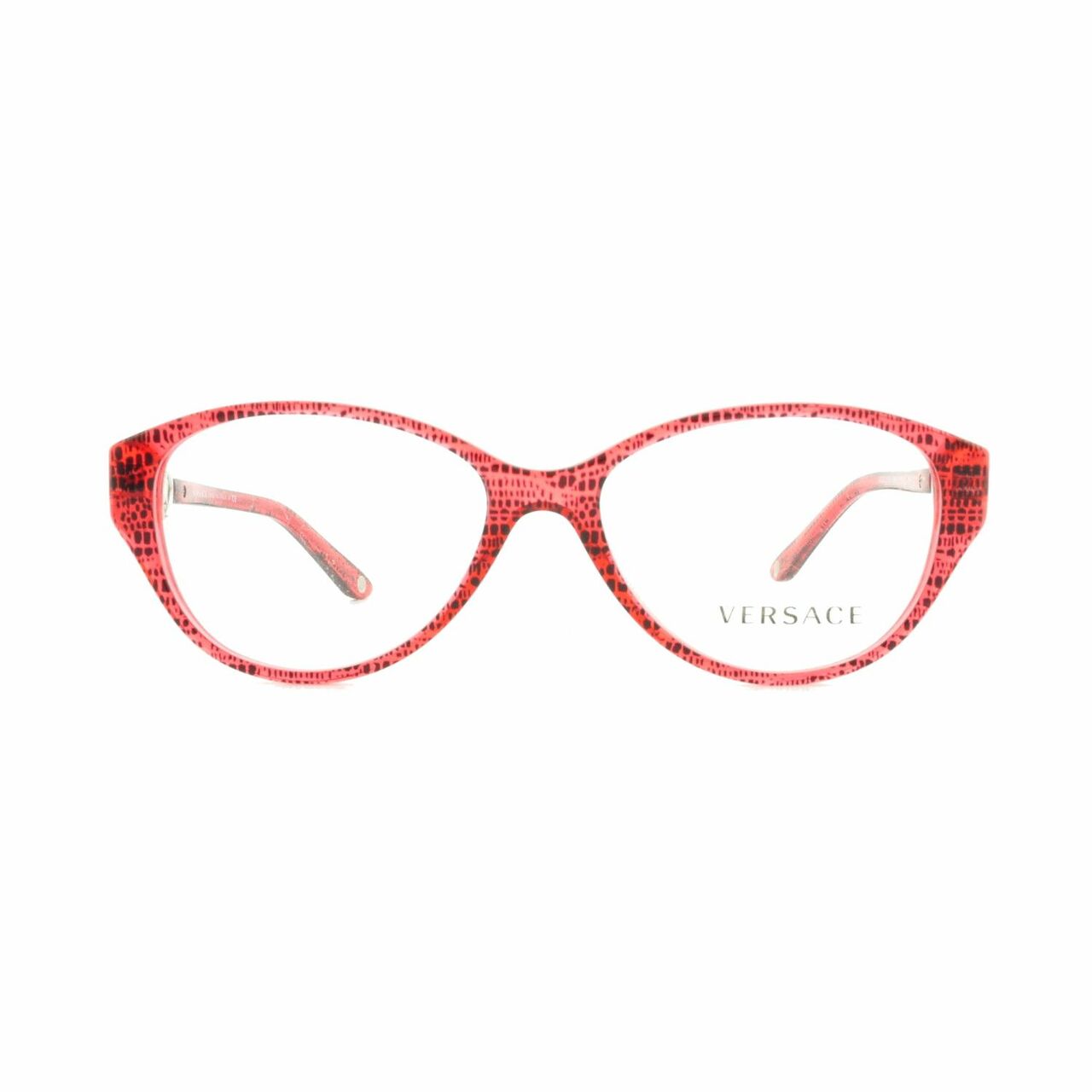 Versace VE3161-5001 Lizard Red Oval Women's Plastic Eyeglasses displayed elegantly with a stylish case.