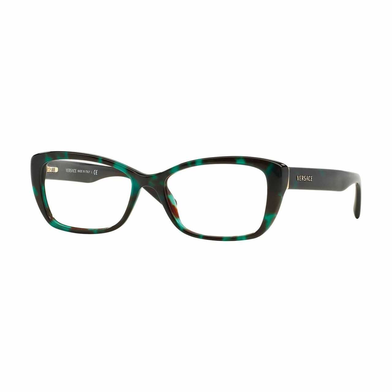 Versace VE3201-5076 Green Havana Rectangular Women's Plastic Eyeglasses showcasing a stylish full-rim design with a unique color blend.