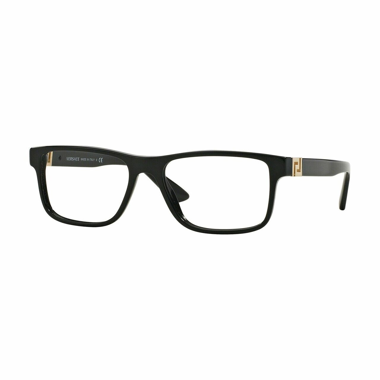 Versace VE3211-GB1 Black Square Men's Plastic Eyeglasses with gold detailing on the sides.