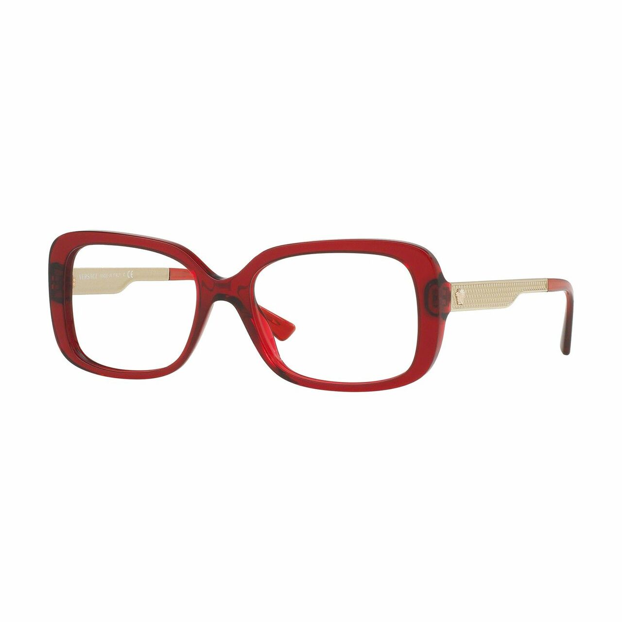 Versace VE3241-388 Transparent Red Rectangular Women's Plastic Eyeglasses showcasing a stylish design with a full-rim frame.