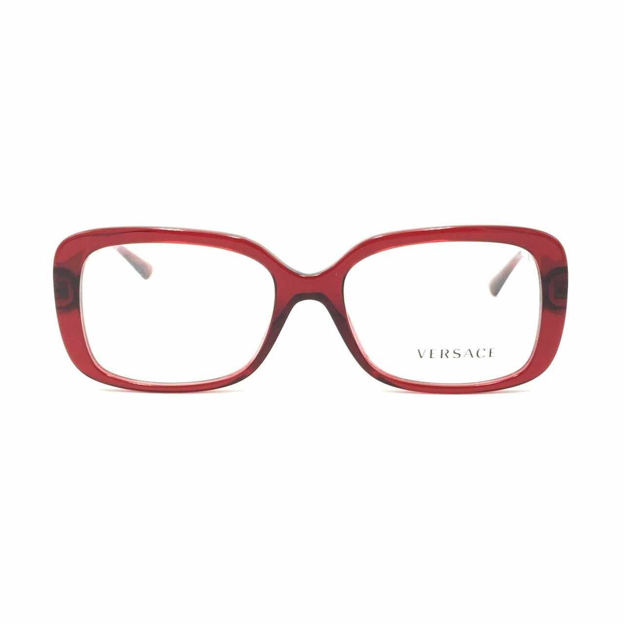 Versace VE3241-388 Transparent Red Rectangular Women's Plastic Eyeglasses showcasing a stylish design with a full-rim frame.