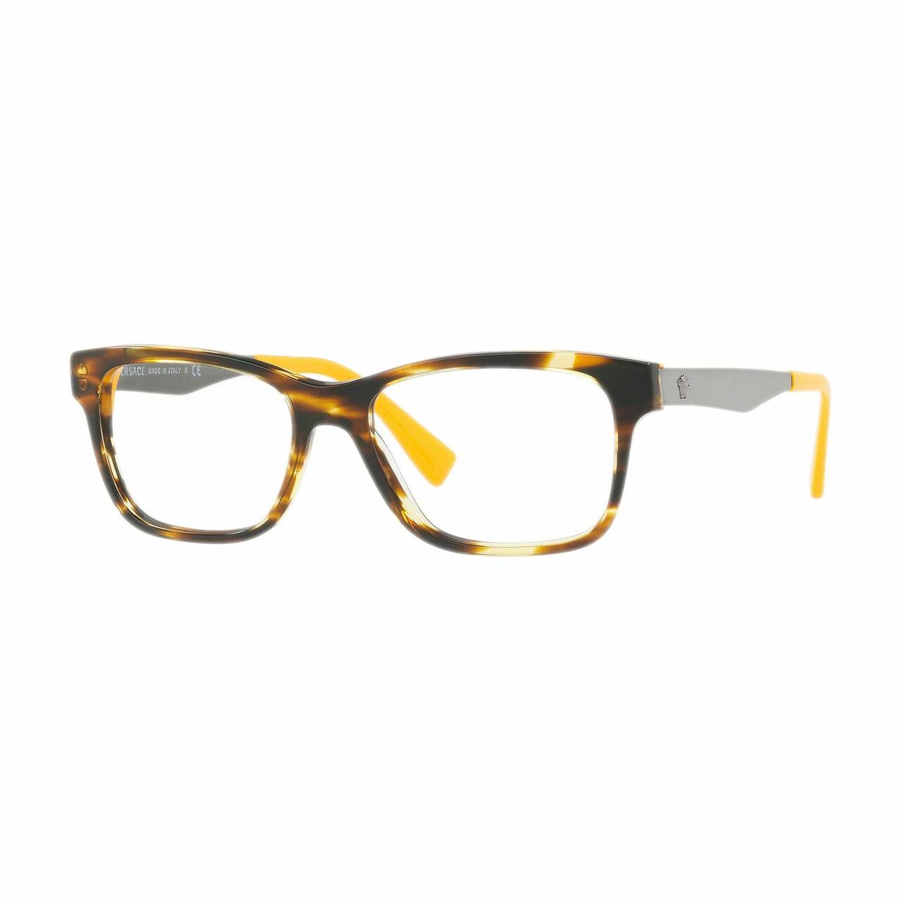 Versace VE3245-5236 Striped Havana Yellow Square Men's Plastic Eyeglasses with stylish design and durable frame.