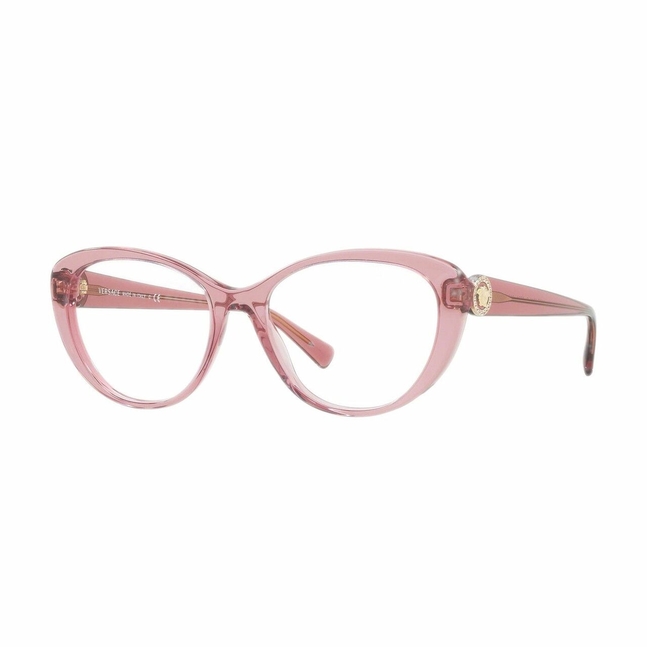 Versace VE3246B-5234 Transparent Pink Cat-Eye Women's Plastic Eyeglasses showcasing elegant design and color.