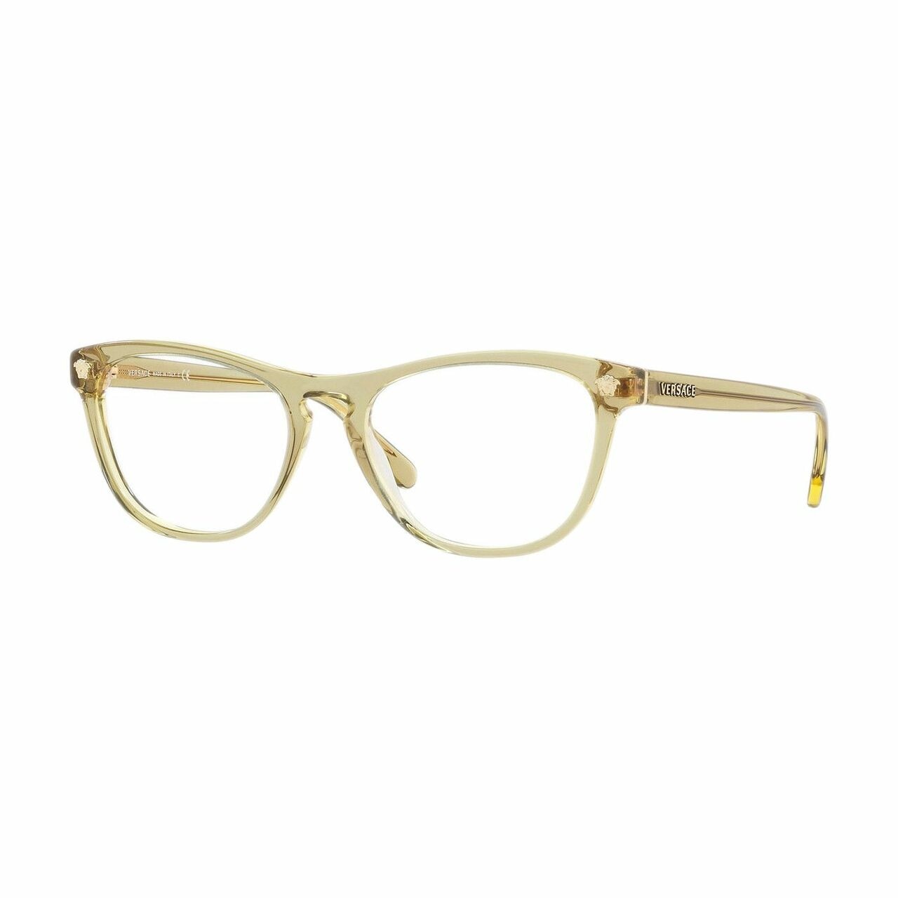 Versace VE3260-5271 Transparent Brown Square Women's Plastic Eyeglasses displayed elegantly with a stylish case.