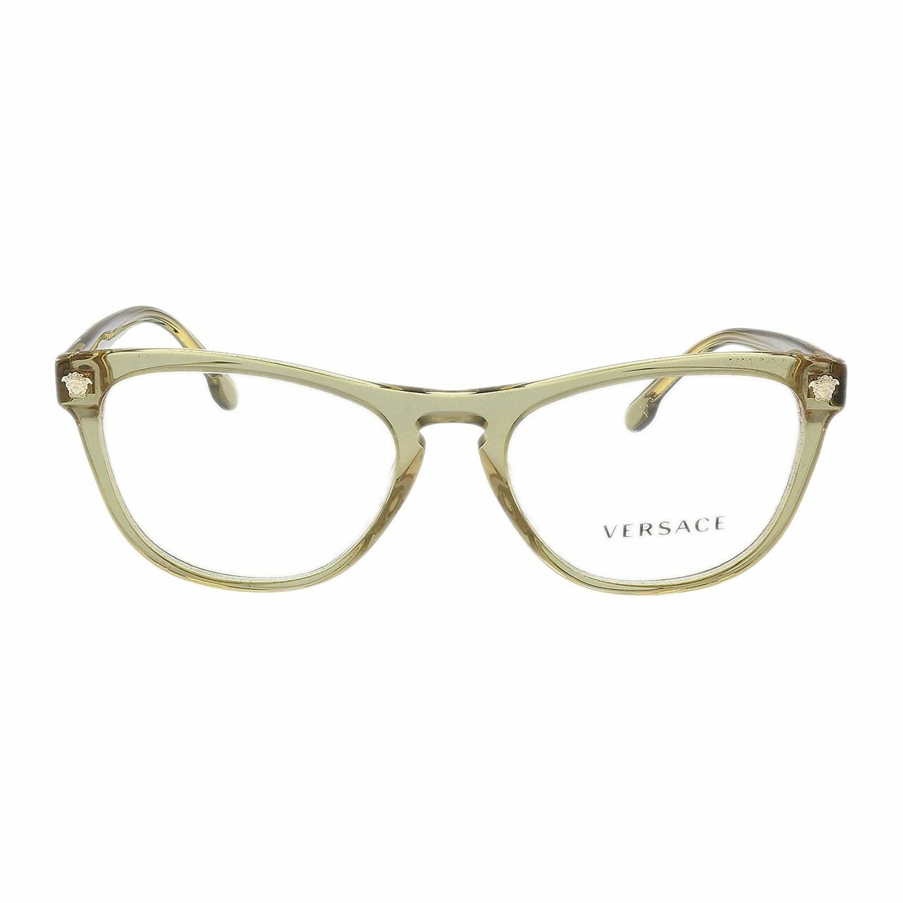 Versace VE3260-5271 Transparent Brown Square Women's Plastic Eyeglasses displayed elegantly with a stylish case.