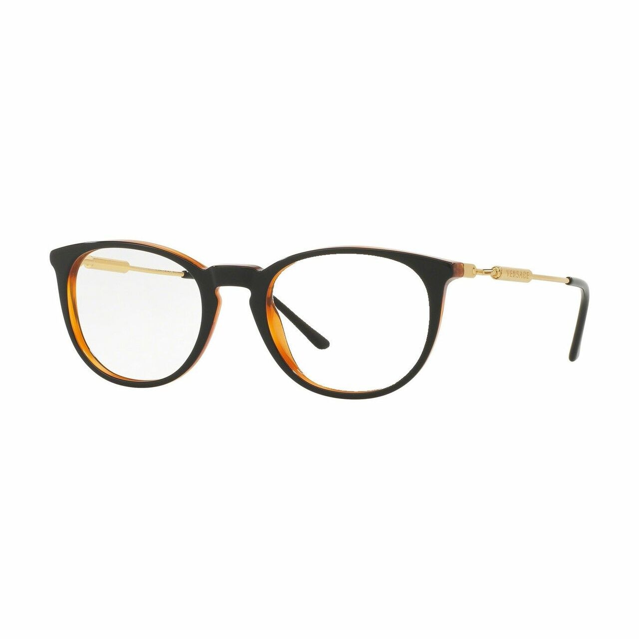 Versace VE3227-138 Black Transparent Orange Round Men's Plastic Eyeglasses displayed elegantly with a stylish case.