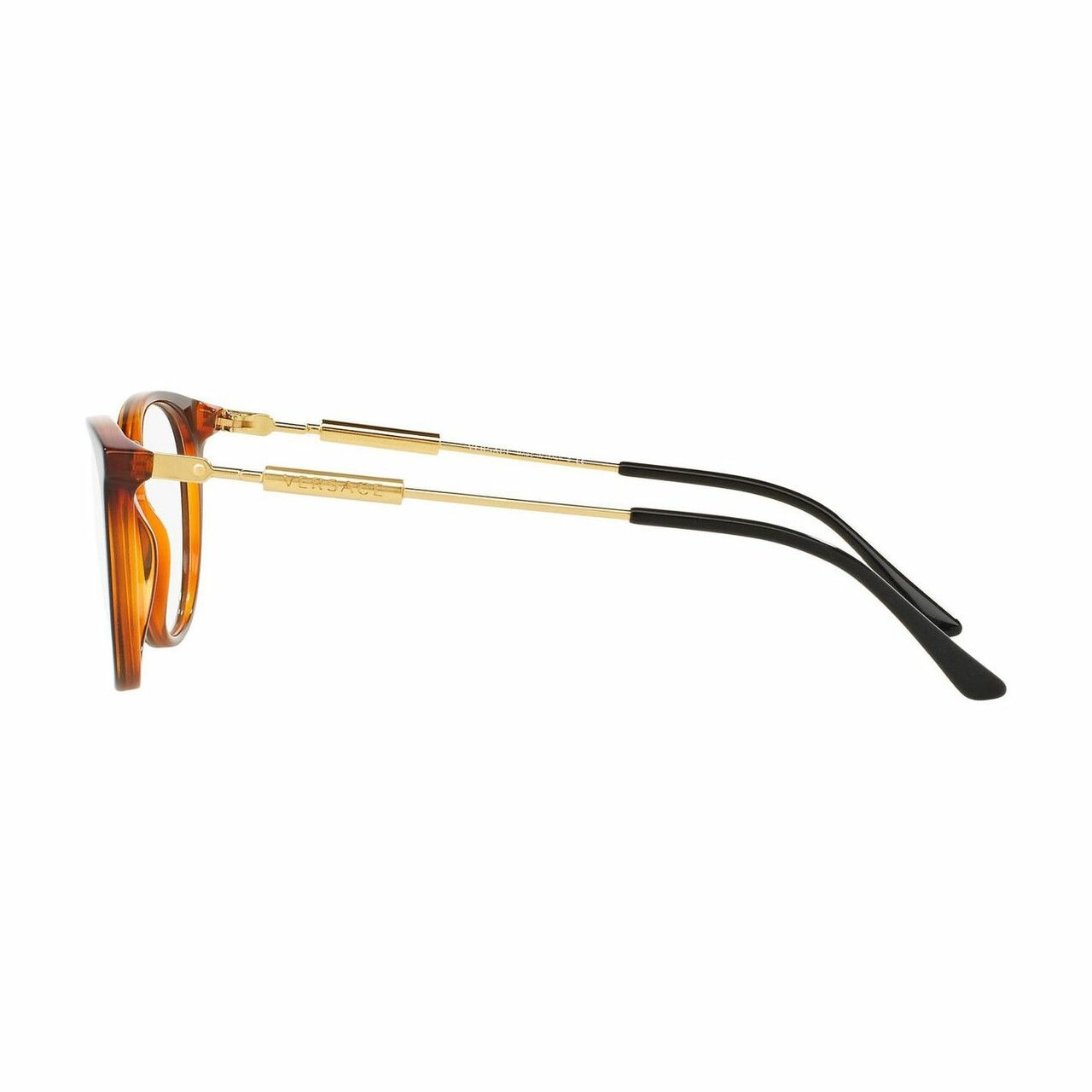 Versace VE3227-138 Black Transparent Orange Round Men's Plastic Eyeglasses displayed elegantly with a stylish case.