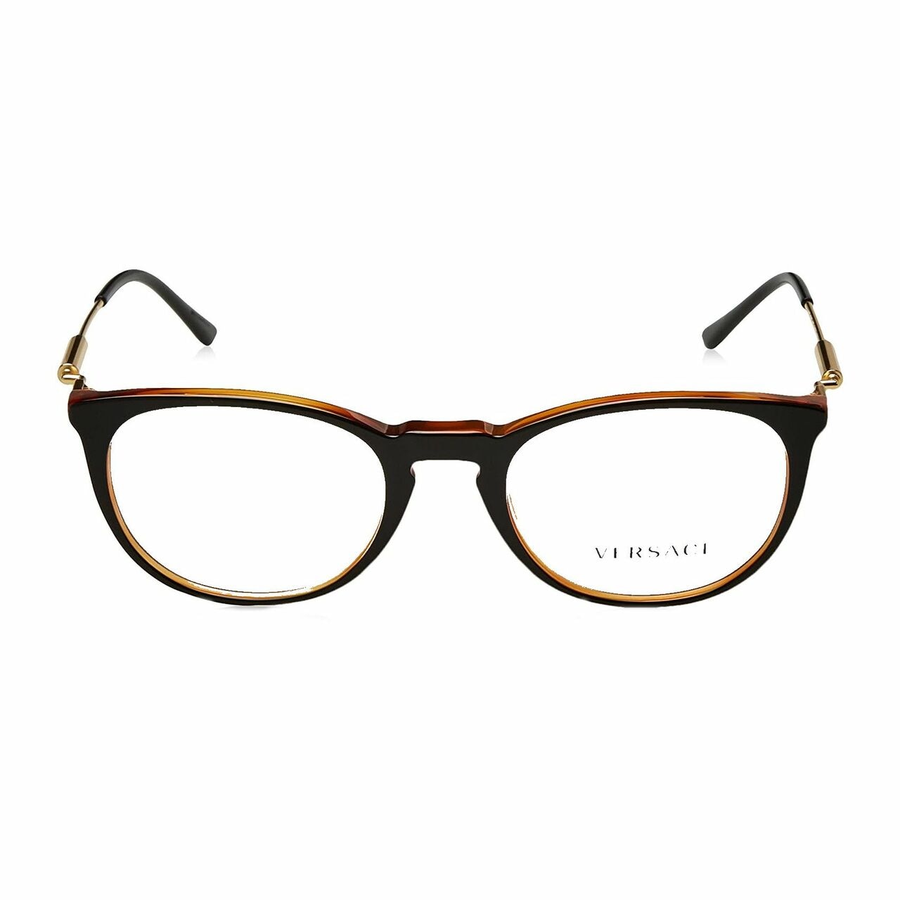 Versace VE3227-138 Black Transparent Orange Round Men's Plastic Eyeglasses displayed elegantly with a stylish case.