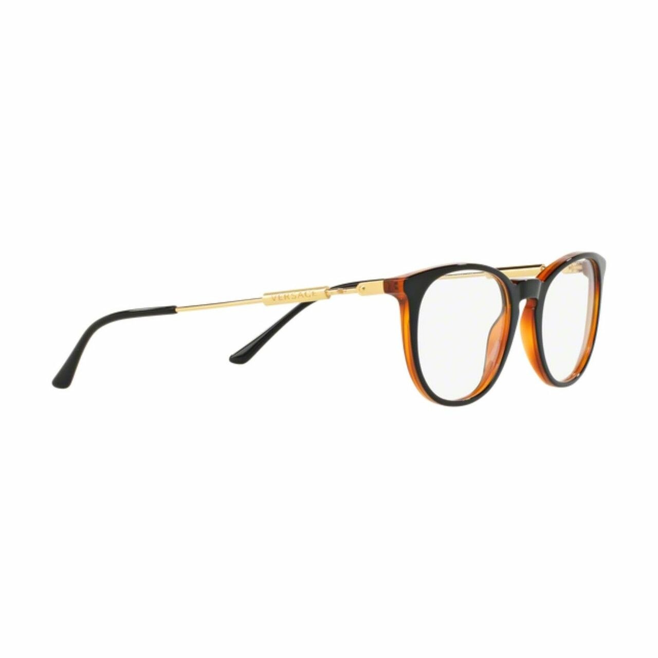 Versace VE3227-138 Black Transparent Orange Round Men's Plastic Eyeglasses displayed elegantly with a stylish case.