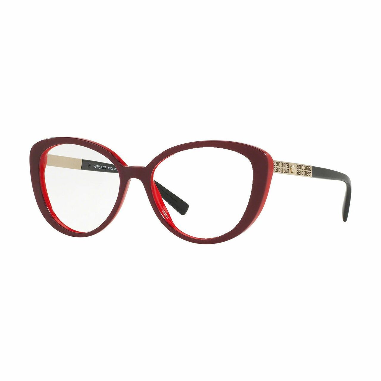 Versace VE3229-5188 Red Cat-Eye Women's Plastic Eyeglasses showcasing a bold red frame and stylish cat-eye shape.