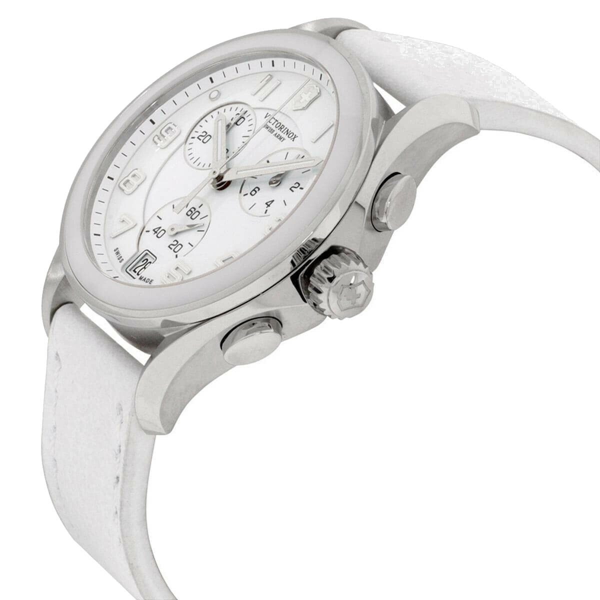 Victorinox Swiss Army 241500 Women's Chronograph Watch with white leather band and stainless steel case, featuring a white dial and analog display.