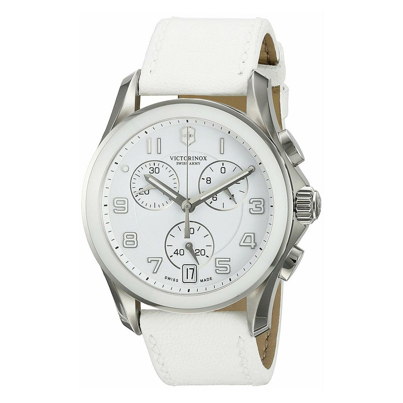 Victorinox Swiss Army 241500 Women's Chronograph Watch with white leather band and stainless steel case, featuring a white dial and analog display.