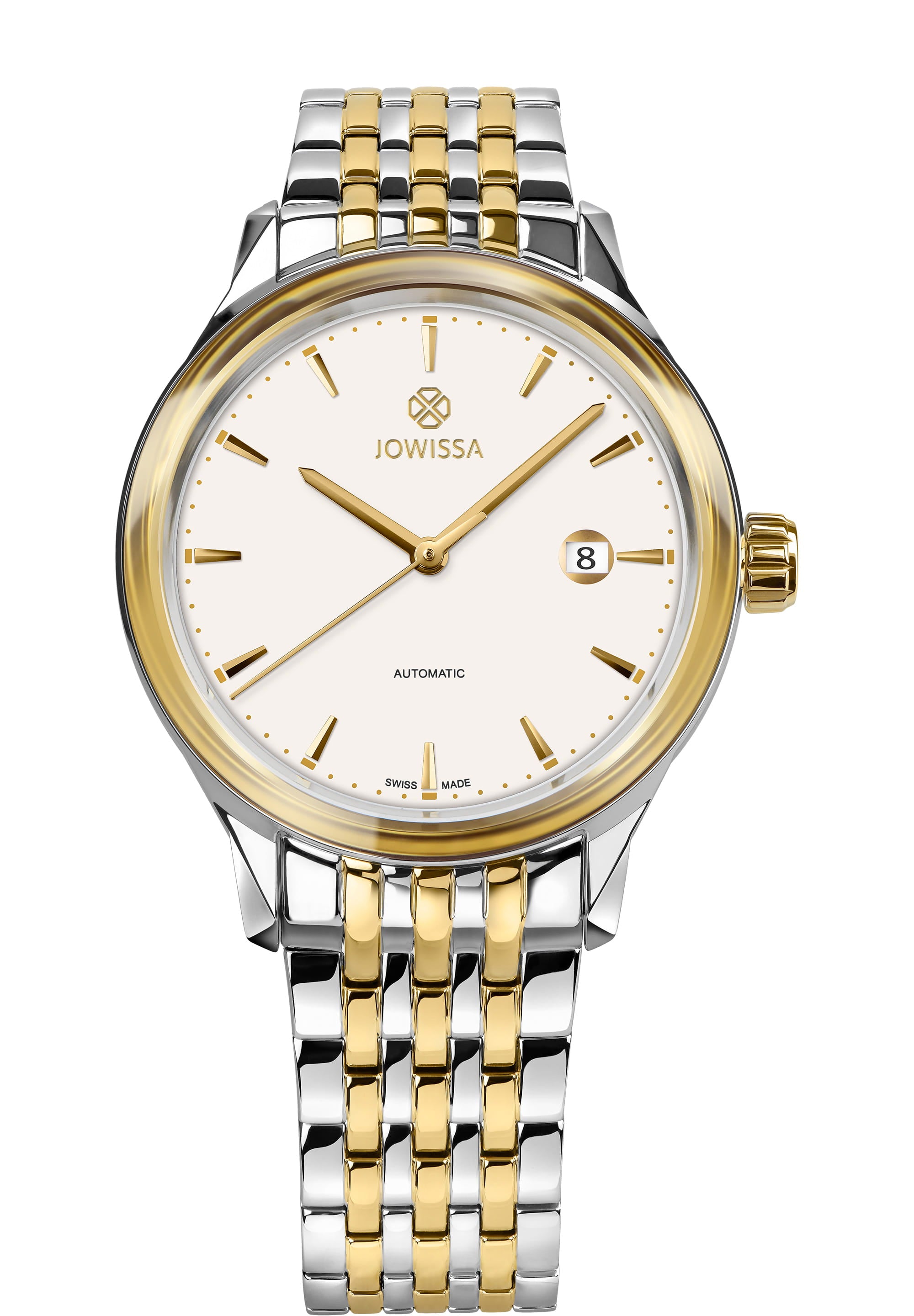 Virtuo Swiss Automatic Watch J4.550.L with stainless steel bracelet and white dial, showcasing elegant design and craftsmanship.