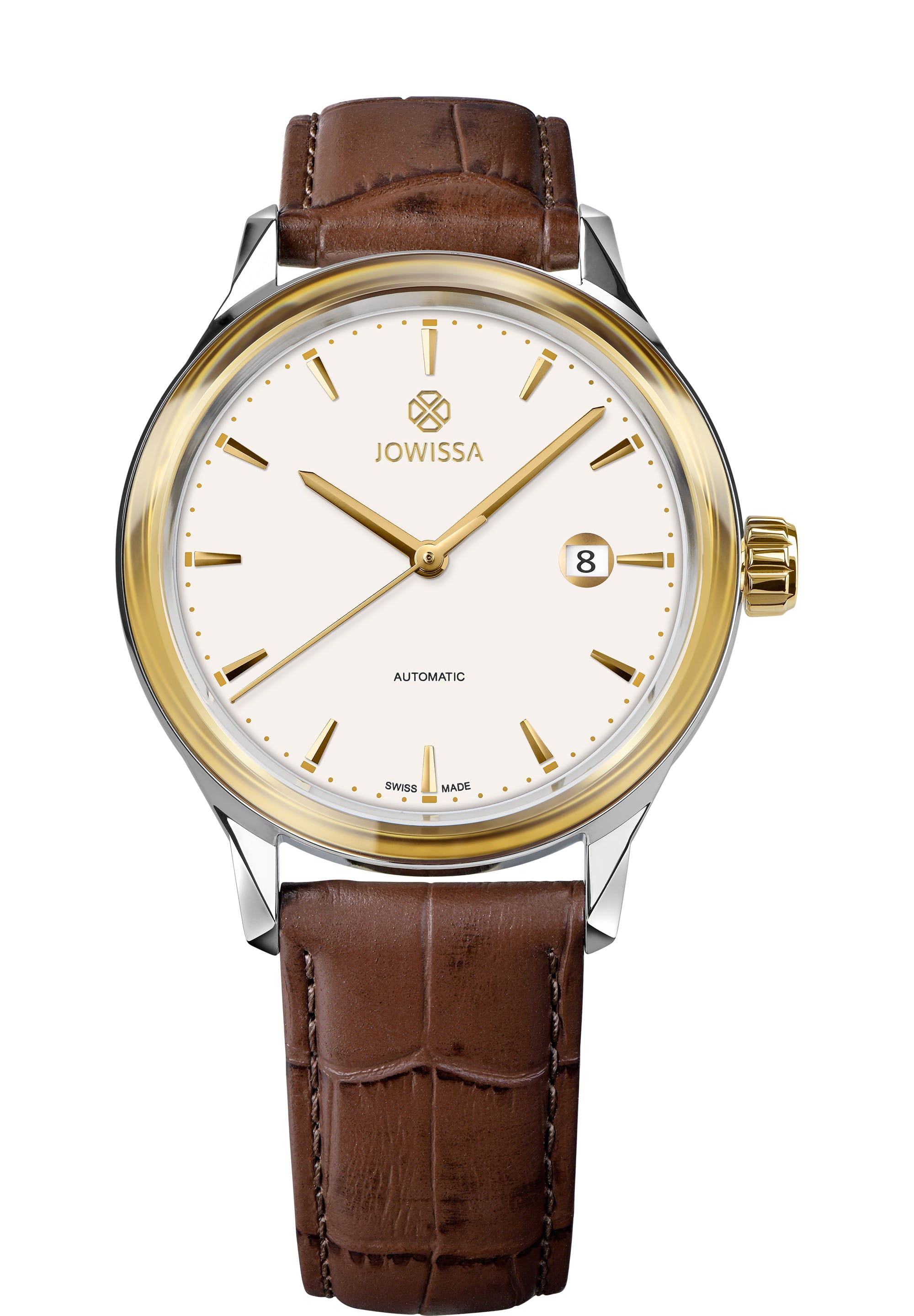 Virtuo Swiss Automatic Watch J4.551.L featuring a stainless steel case, brown leather strap, and white dial with gold-tone accents.